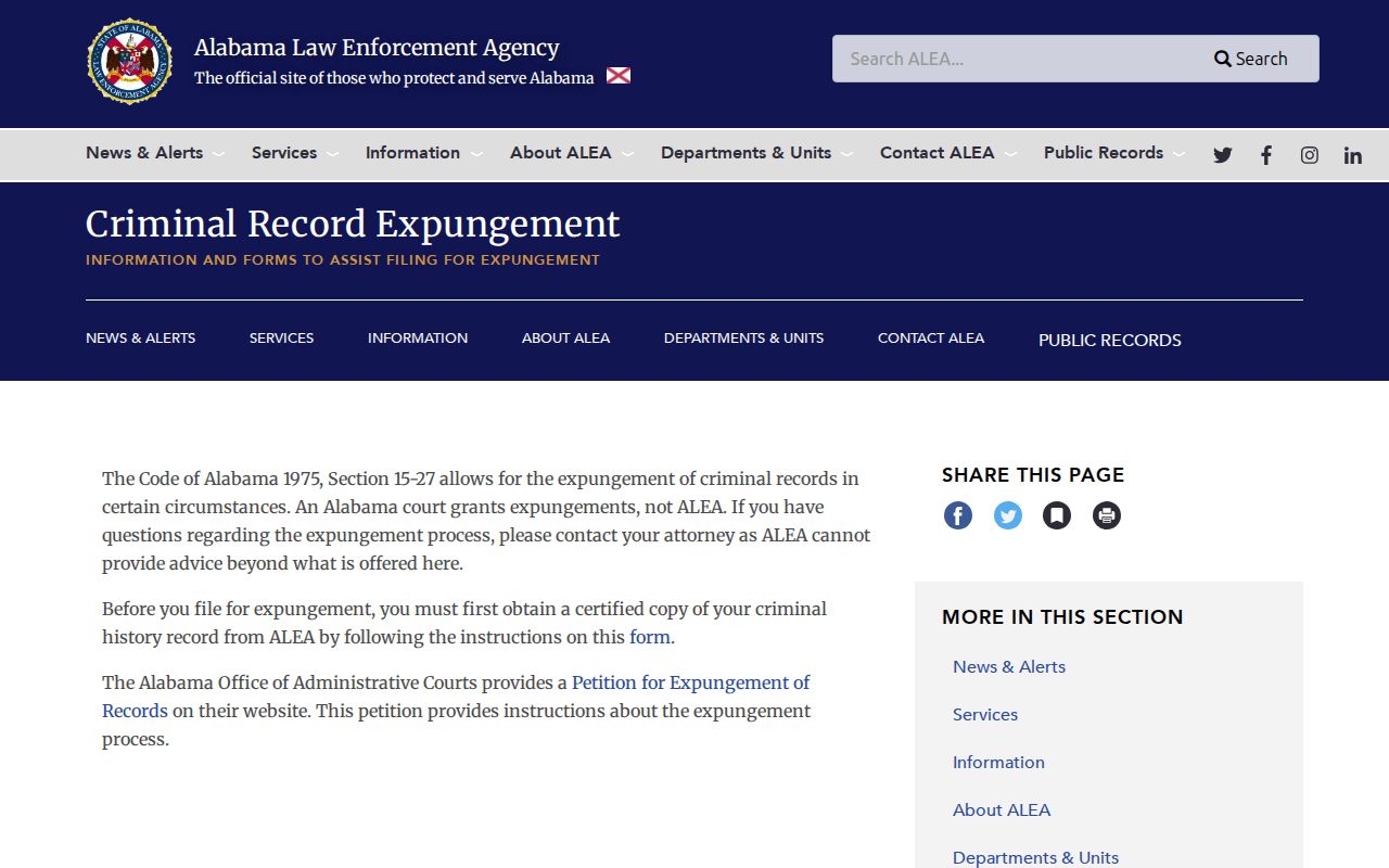 Shelby County arrest records and Alabama charge expungement process