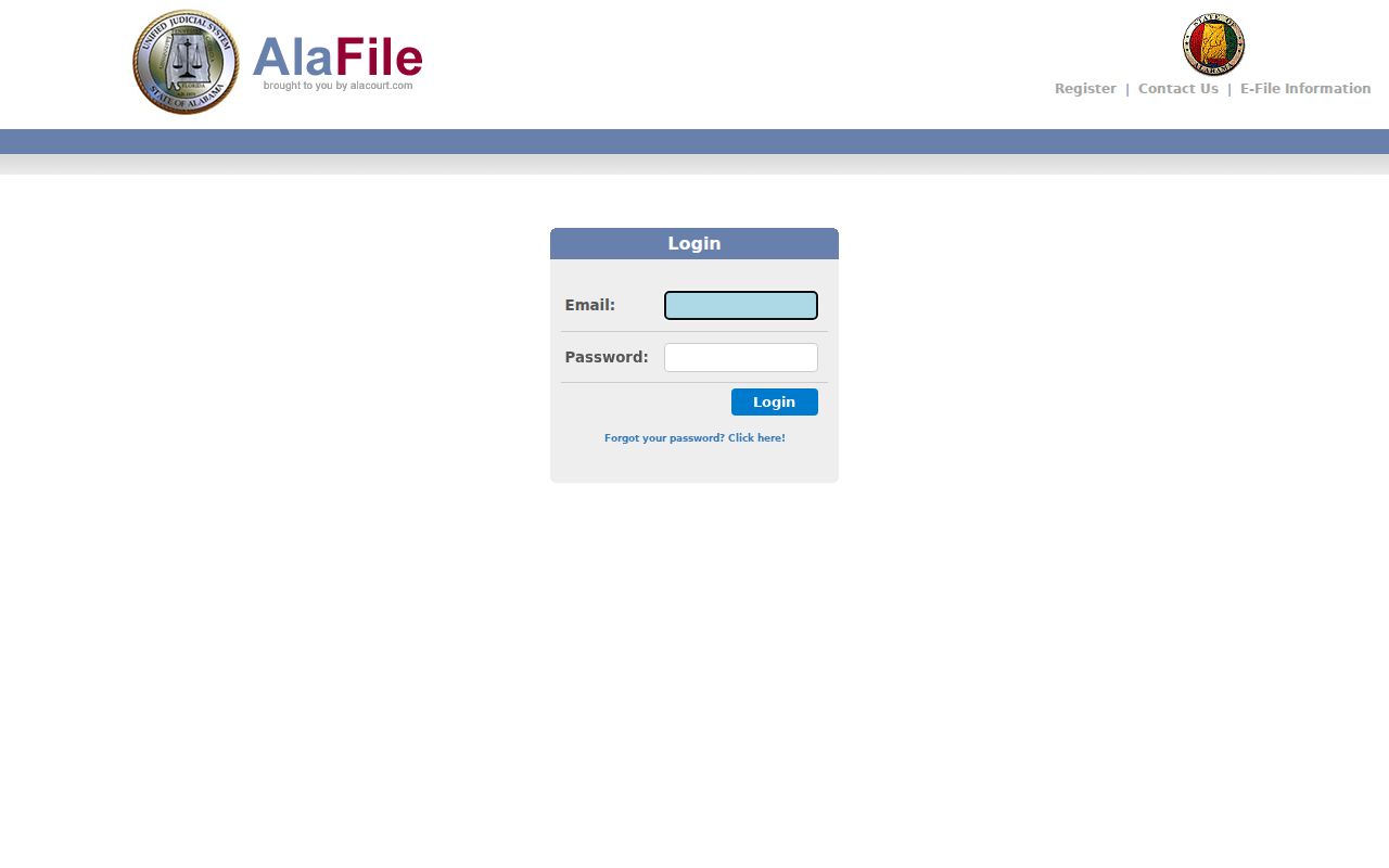 Shelby County court dockets AlaFile login screen
