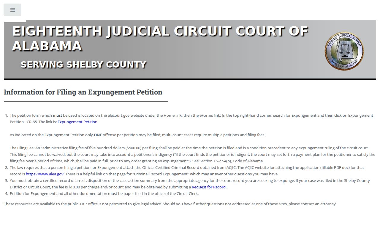 Shelby County Circuit Court expungement record instructions