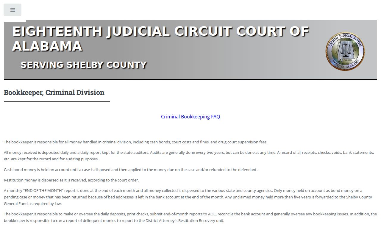 Shelby County Circuit Court criminal bookkeeper records
