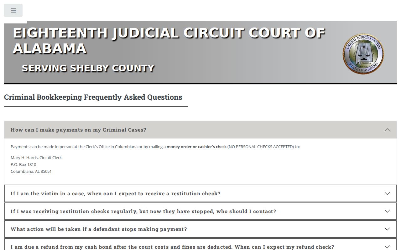 Shelby County Circuit Court criminal bookkeeping questions