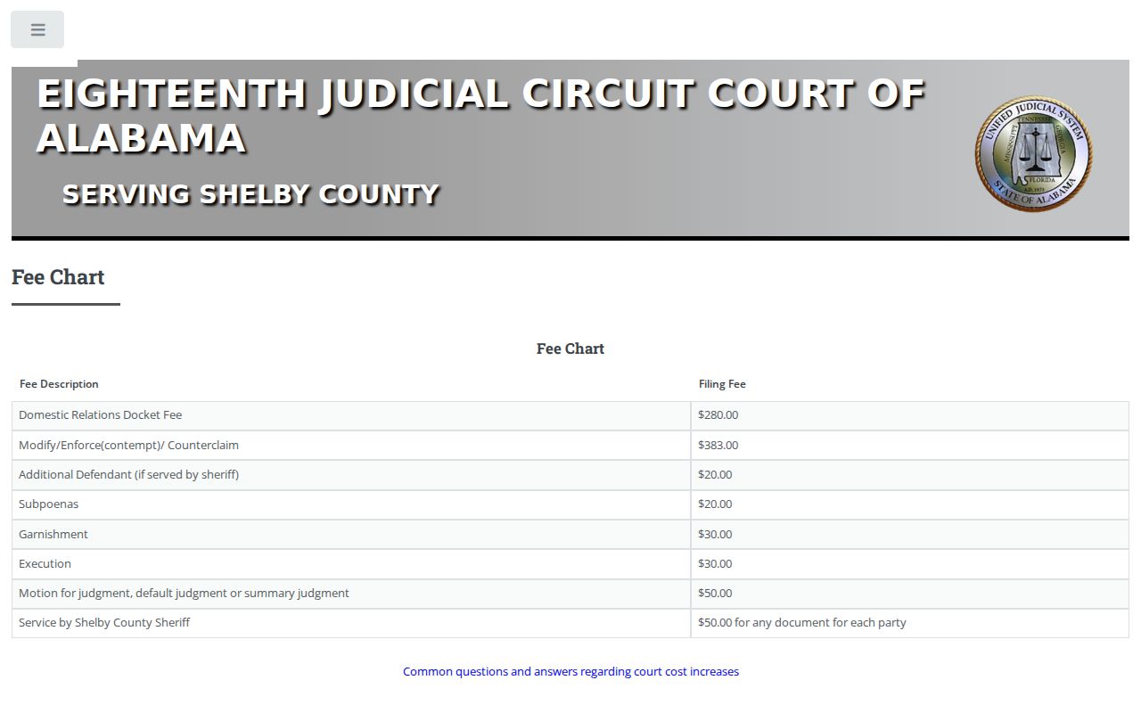 Shelby County Circuit Court Domestic Relations division fees