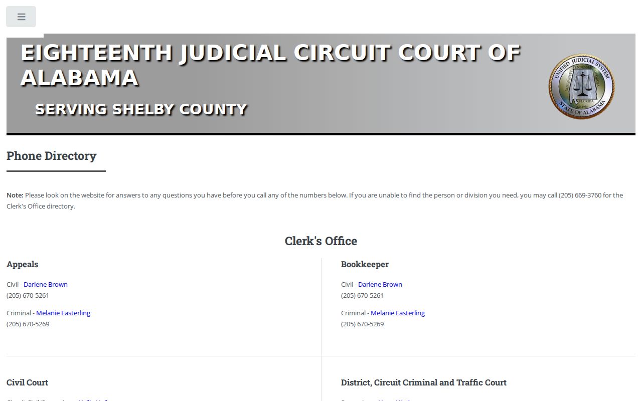 Shelby County Court records division phone directory