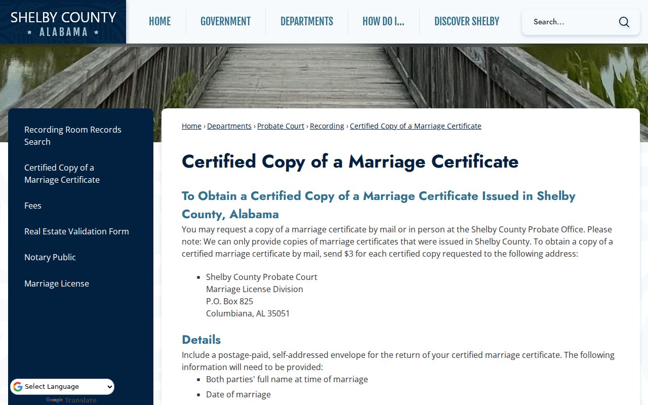 Shelby County marriage records certified copy instructions