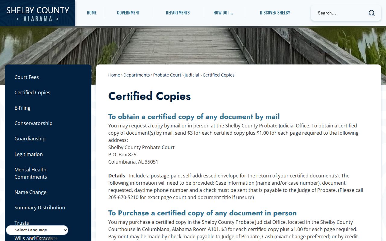 Shelby County probate records certified copy instructions