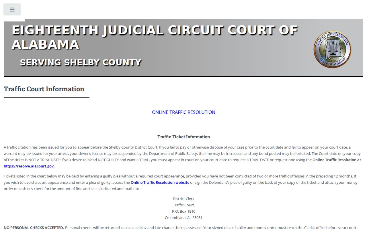 Shelby County traffic court records District Court instructions