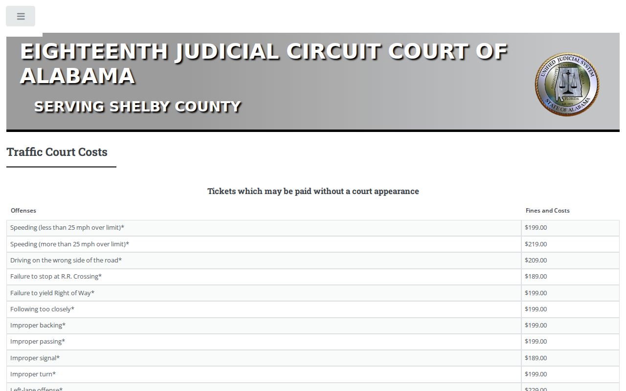 Shelby County traffic court records cost chart