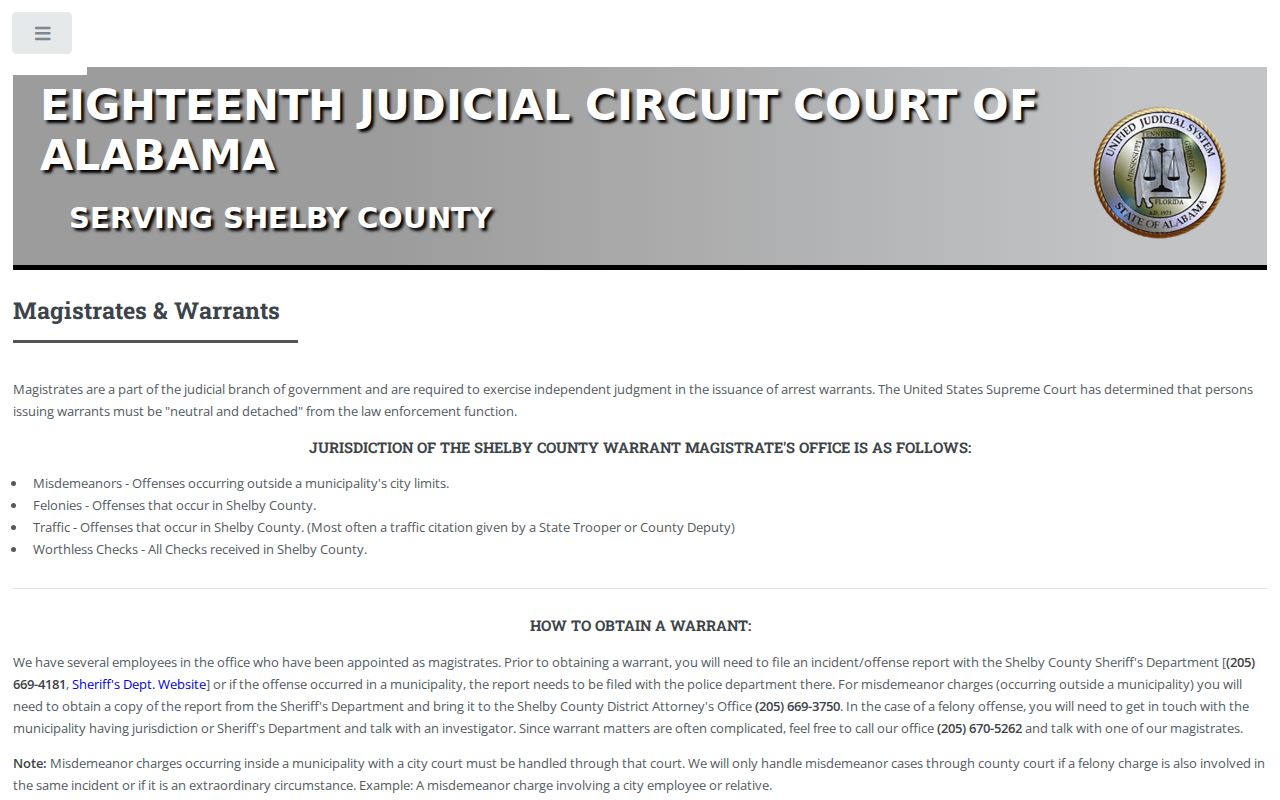Shelby County warrant magistrate jurisdiction and filing instructions