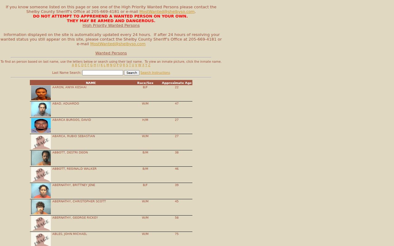 Shelby County warrant search on the Sheriff's Most Wanted site