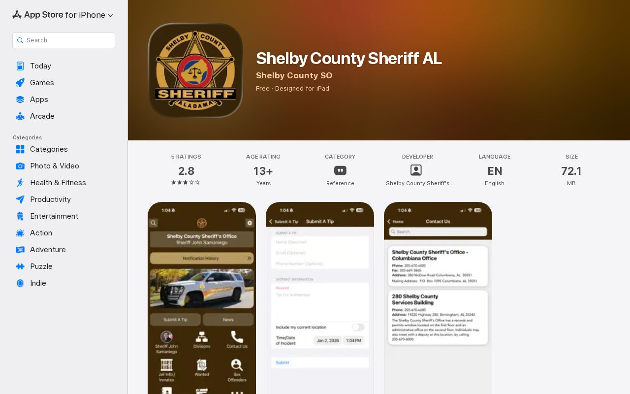 Shelby County warrant information context in the Sheriff app Apple listing
