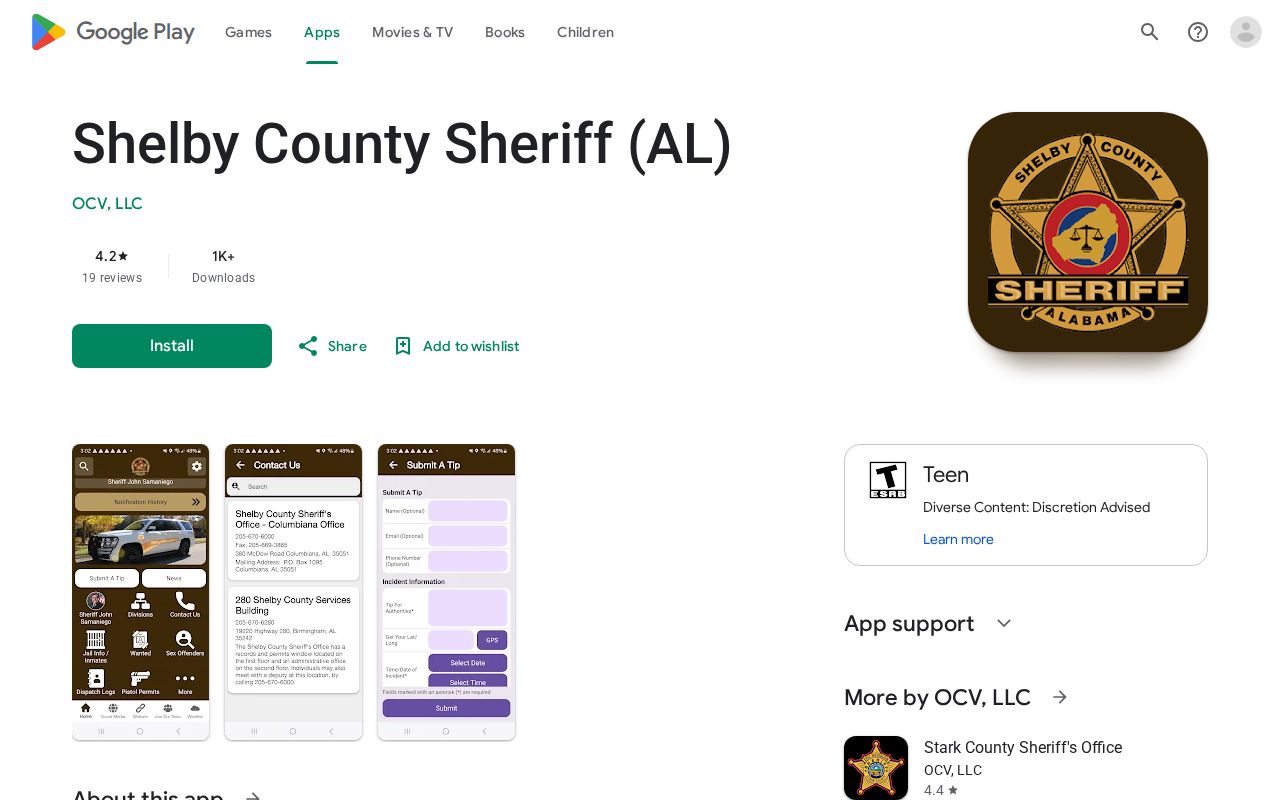 Shelby County warrant search context in the Sheriff app Google Play listing